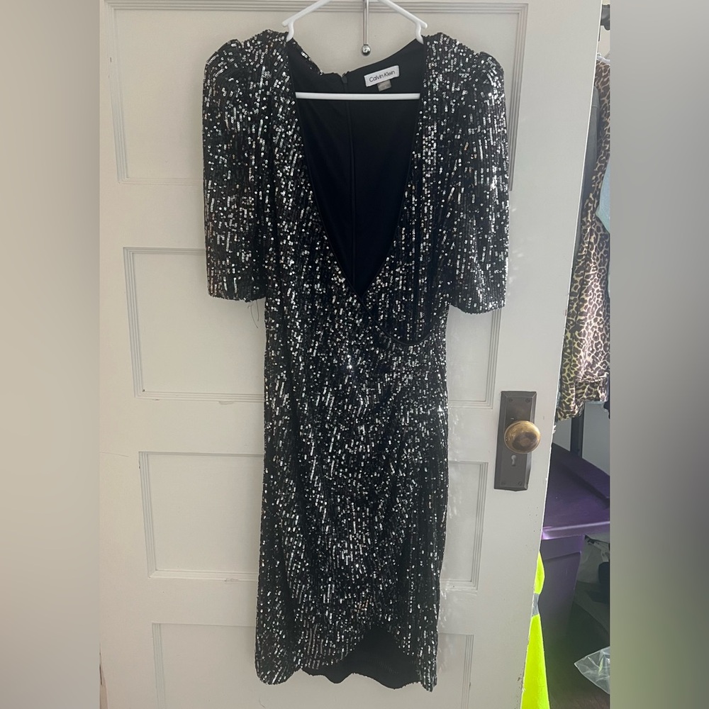 Calvin Klein Black and Silver Long Sleeve Dress